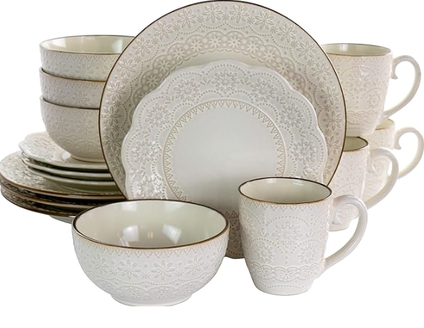 Elama Embossed Scalloped Stoneware Dinnerware Dish Set, 16 Piece, Ivory